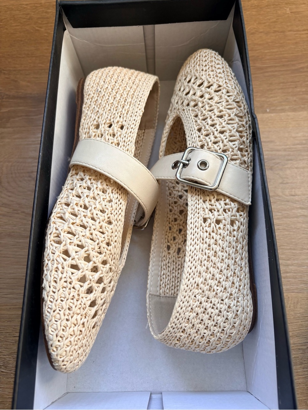 Cream Woven Mary Jane Flats with Buckle Strap - Picture 3 of 4